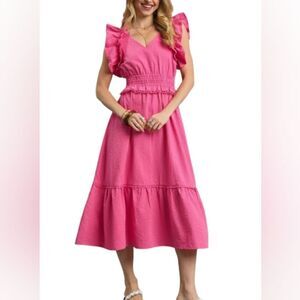 Umgee V-Neck Ruffled Cap Sleeve Midi Dress Pink Ruffle Midi Dress sz Large